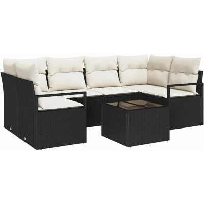 Image of vidaXL 7 Piece Garden Sofa Set with Cushions Black Poly Rattan