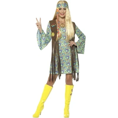 Image of Smiffys 60s Hippie Chick Costume, with Dress, Multi colour, S UK Size 08 10