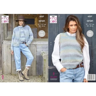 Image of King Cole Aran Knitting Pattern 6227 Ladies Cardigan &amp; Vest (2 Designs)