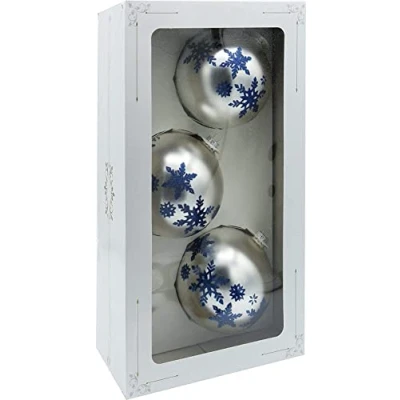 Image of VITBIS Glass Baubles for Christmas Tree Decorations Set of 3 Unique Hand Decorated Painted Decoration Diameter 10 cm in Silver with Winter Snowflakes