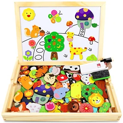 Image of Jojoin Wooden Magnetic Puzzle 110 PCS Board, Animal Pattern Games Double Sided Jigsaw, Educational Drawing Easel Blackboard Wood Toys for Boys Girls Kids Toddler 3+ Year Olds