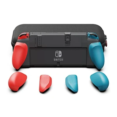 Image of Skull &amp; Co. NeoGrip Bundle for Nintendo Switch OLED and Regular Model: An Ergonomic Grip Hard Shell with Replaceable Grips [to fit All Hands Sizes] [with Carrying Case] Neon Blue(L)+Neon Red(R)