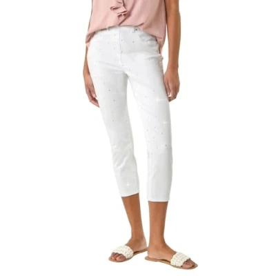 Image of Roman Originals Cropped Jeggings for Women UK Ladies Capri Stretchy Jeans Denim Legging Cotton Summer Trouser Three Quarter 3/4 Length Pull On Cut Off High Waist Smart Sparkly White Size 20