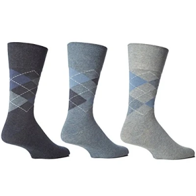 Image of 6 Pairs Mens Gentle Grip HoneyCombe Top Non Elastic Socks by Drew Brady / 26 Colour Designs to Choose From/UK Sizes 11 and 12 14 (UK Eur 39 45, Blue Argyle)