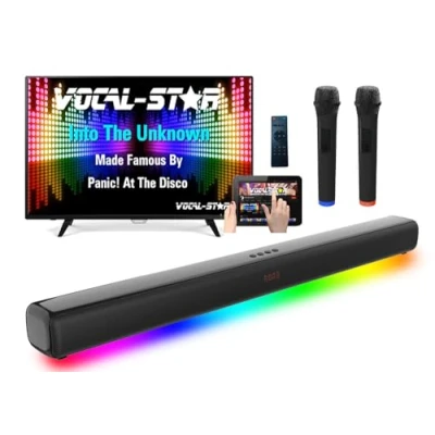 Image of Vocal Star Karaoke Machine, 300w Soundbar Speaker, 2 Wireless UHF Microphones, Light Effects, HDMI ARC, BT, AUX, Optical, All in One Entertainment System