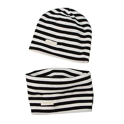 Image of LACOFIA Baby Boys Girls Beanie Hat and Collar Scarf Set Kids Super Soft Cotton Cap Infant Knit Hats Bandana Scarves 2 Pack Black Stripe 0 6 Months S