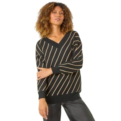 Image of Roman Originals Grid Pattern V Neck Knit Jumper for Women UK Ladies Everyday Autumn Winter Round Neckline Comfy Soft Evening Vacation Work Party Night Out Black Gold Size 14