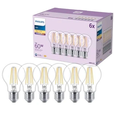Image of Philips Classic A60 LED Bulb, 60 W, Clear, E27 Socket, Warm White 2700 K, 6 Pack