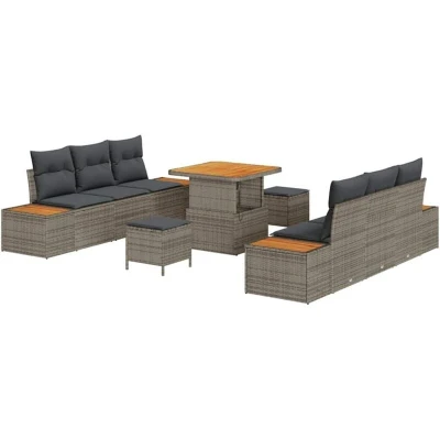 Image of vidaXL 9 Piece Garden Sofa Set with Cushions Grey Poly Rattan Acacia