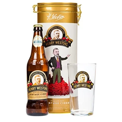 Image of Henry Weston&#039;s Vintage Cider 500ml Beer &amp; Branded Glass Gift Set in Collectable Tin by Blue Tree Gifts