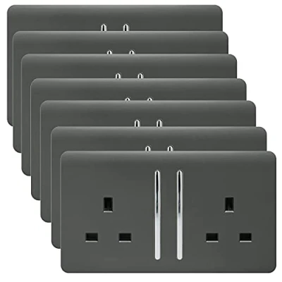 Image of Trendi 2 Gang Artistic Modern Glossy 13 Amp Switched Plug Socket Charcoal (7 Pack)