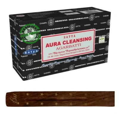 Image of Original Satya Nag Champa Aura Cleansing incense sticks with M&amp;J holder Full Box for Aromatherapy, Spa, Yoga, Weddings, Meditation, Healing, Positivity and Relaxation