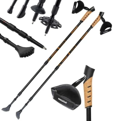 Image of SPORTANA® Telescopic Trekking Pole 5 Attachments Hiking Gear Multi Surface Cork Handles Anti Shock Suspension Nordic Hill Walking Stick Orange