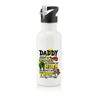 Image of Personalised You’re My Favourite Hero Daddy gift from son/daughter ANY NAME Fathers Day, Birthday, Godfather, Stainless Steel 600ml Water Bottle with Straw. (White)