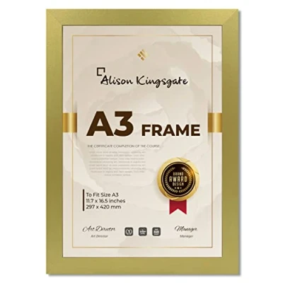 Image of Alison Kingsgate Gold A3 Frame in Size 30x42cm with Clear Perspex Sheet &amp; Wall Mounted Hook Use for Picture Frames Photo Poster (A3, Gold)