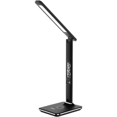 Image of groov e Ares LED Lamp Touch Control Desk Light with Fold Design 3 Lighting Modes, Built in Wireless Charger, Alarm Clock, &amp; Digital Display Time Calender Mains Operated Black