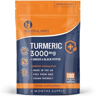 Image of Turmeric 3000mg High Strength Supplement with Black Pepper and Ginger 180 Vegan Tablets (Not Capsules) Active Ingredient Curcumin Made in The UK by Howard &amp; James