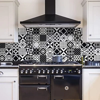 Image of CREARREDA Kitchen Splash Guard Panel Wall Sticker White and Black Tiles 180_x_60_cm 100% Made in Italy with Non Toxic, Fireproof Water Resistant Ink, 67136