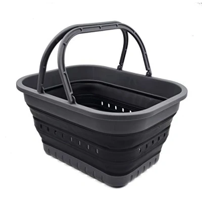 Image of SAMMART 19L Collapsible Tub with Handle Portable Outdoor Picnic Basket/Crater Foldable Shopping Bag Space Saving Storage Basket (Grey/Black)
