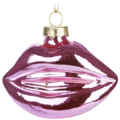Image of BRUBAKER Kissy Lips Hand Painted Glass Christmas Bauble Mouth Pink 3.5 inches (9 cm) Pendant for Women Blown Tree Decoration Figurine Funny