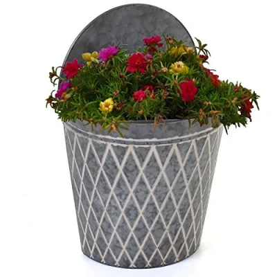 Image of marko Gardening Galvanised Planters Garden Hanging Balcony Wall Mounted Flowers Metal Plant Pots (Hanging Round Planter)