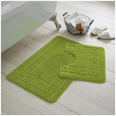 Image of GC GAVENO CAVAILIA Greek Key Pattern Bath Mats 2 Piece Sets Non Slip, Soft Washable Rug Quick Dry Water Absorbent Bathroom Shower Mat &amp; Pedestal Set, Green