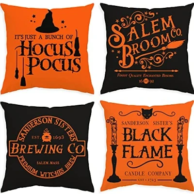 Image of Glaring Halloween Decor Pillow Covers 18x18 Set of 4 Decorations Hocus Pocus Farmhouse Saying Outdoor Fall Pillows Decorative Throw Cushion Case for Home…