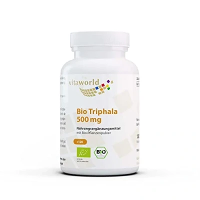 Image of Vita World Organic Triphala 500 mg 120 Capsules, Herbal Blend Tripod, Amalaki, Bibhitaki and Haritaki Vegan Made in Germany with Analysis Certificate