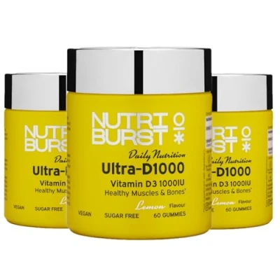 Image of Nutriburst Ultra D1000 Multipack Vitamin D3 (1000IU) + K2 (80µg) for Healthy Muscles &amp; Bones Lemon Flavour 3 x 60 Gummies / Month Supply Suitable Vegans