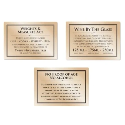 Image of Weights &amp; Measures Act 25ml GOLD Sign Wine by the Glass 125ml 175ml 250ml Pack of 3 Signs in