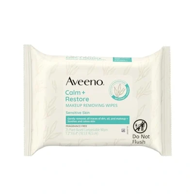 Image of Aveeno Calm + Restore Nourishing Makeup Remover Face Wipes, Fragrance Free Facial Cleansing Towelettes with Oat Extract &amp; Calming Feverfew, Alcohol Free, 100% Plant Based Cloth, 25 ct