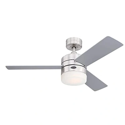 Image of Westinghouse Lighting 73060 Alta Vista, Modern LED Ceiling Fan with Light and Remote Control, 105 cm, Satin Chrome Finish, Opal Frosted Glass