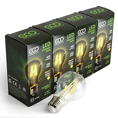 Image of ECO 60W Energy Saving Light Bulb, Low 8W LED Filaments, Bright 800 Lumen, Clear Glass, Warm White (2700K), E27 Standard UK Edison Screw (ES), 25000Hrs Lifetime.