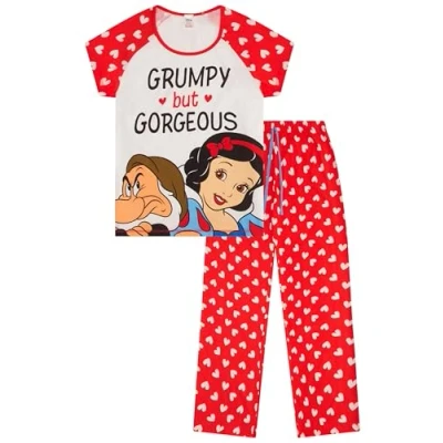 Image of Disney Womens Snow White Dwarfs Grumpy But Gorgeous Long Cotton Pyjama Set Ladies PJ&#039;s (8 10)