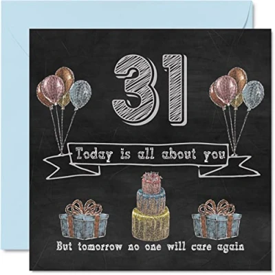 Image of Funny 31st Birthday Cards for Men Woman Chalk Blackboard Happy Card Auntie Mum Dad Daughter Son Sister Uncle Brother Cousin, 145mm x Humour Banter Greeting
