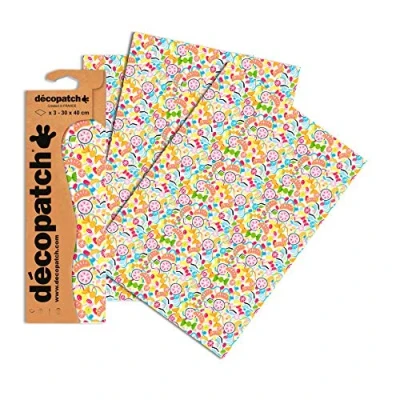 Image of Décopatch Ref C732O Bright Sweets Pattern Paper Pack Each Sheet 30 x 40cm, of 3 Sheets Best Used With Décopach Glue &amp; Varnish, Yellow Orange