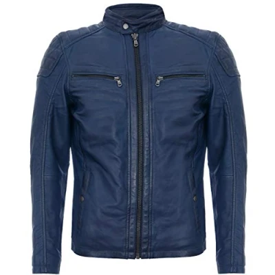 Image of Infinity Leather Mens Jacket Vintage Quilted Retro Racing Zipped Biker San Marino Navy Size Medium