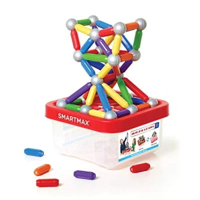 Image of SmartMax Build &amp; Learn, Magnetic Discovery Construction Set with 2D 3D Challenges, 100 pieces, 1+ Years