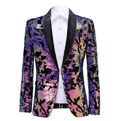 Image of PYJTRL Men Fashion Velvet Sequins Floral Pattern Suit Jacket Blazer (Velvet Purple, M)