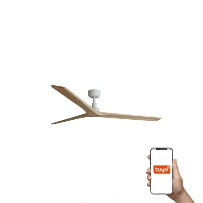 Image of Klim Large 3 Blade Ceiling Fan Matt White, Oak Wood Tuya Smart System