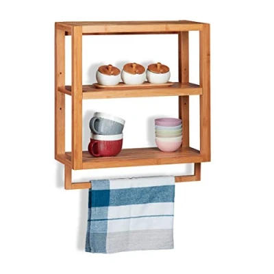 Image of Relaxdays Bamboo Wall Shelf, 3 Tiers, Towel Rail, Adjustable Kitchen &amp; Bathroom Rack, HWD 58.5x52x21cm, Natural