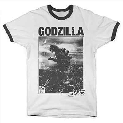Image of Godzilla Officially Licensed Vintage Ringer Tee Mens T Shirt (White Black), Small