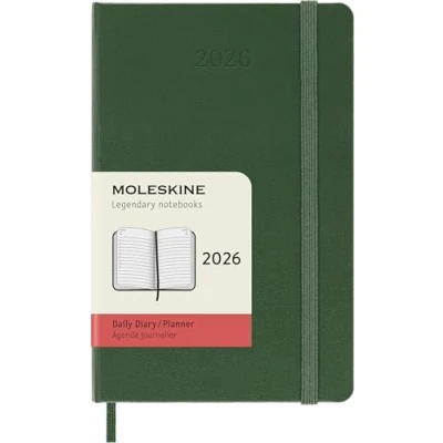 Image of Moleskine Daily Planner, Agenda 2026 12 Months, With Hard Cover and Elastic Closure, Pocket Size 9x14, Green Color