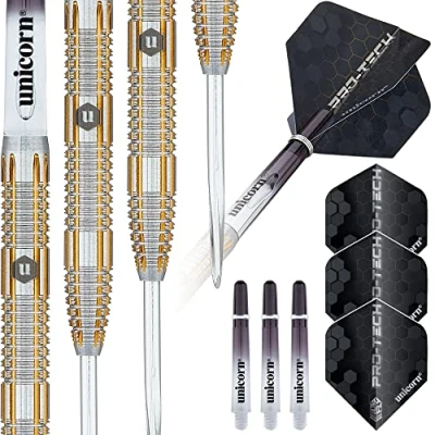 Image of Unicorn Steel Tip Darts Set Pro Tech Style 4 90% Natural Tungsten Barrels with Golden Accents &amp; Volute Points 22 g