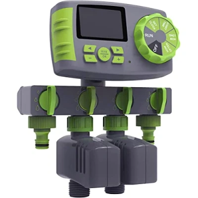 Image of Garden Watering Computer Automatic 4 Zone Water Hose Timer with 2 Solenoid Valve Irrigation System Controller, Green&amp;Grey