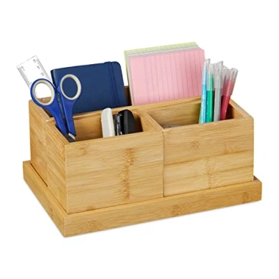 Image of Relaxdays, Set of 4, Pen Holder, Tray, Desk Organiser for Office Utensils, Bamboo, Natural, 11.5 x 27 18 cm