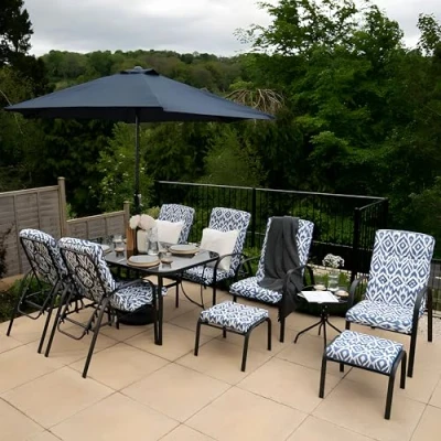 Image of Hectare 6 Seater Garden Furniture Table and Chairs Set Hadleigh Outdoor Patio Parasol Dining (Blue)