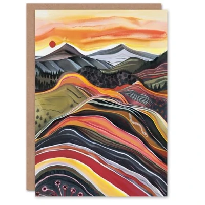 Image of Artery8 Greeting Card Cairngorms Mountains Scottish Sunset Folk Art Blank For Him Or Her Birthday