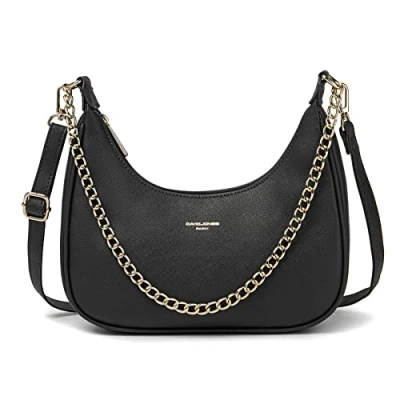 Image of David Jones Women&#039;s Small Chain Crossbody Bag Ladies Rigid PU Leather Shoulder Girl Clutch Handbag Trendy Evening Designer Retro Black