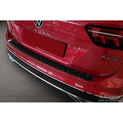 Image of Matt Black Aluminum Rear bumper protector compatible with Volkswagen Tiguan II incl. Allspace &amp; R Line 2016 2020 FL &#039;Riffled Plate&#039;